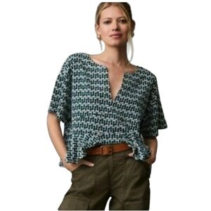 Anthropologie Green & Off White Oversized Babydoll Top Small